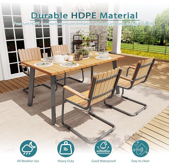 5 Piece Outdoor Conversation Set for 4, HDPE Patio Seating Set with Table and Chairs, All-Weather Outdoor Lounge Furniture with Umbrella Hole for Garden, Porch, Poolside, Gray & Teak