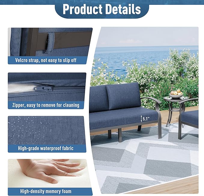 Kurapika Aluminum Patio Furniture Set 5-Seat Modern Metal Outdoor Conversation Sets w/45in Propane Fire Pit Table, w/5.1 Inch Cushion Patio Sectional Sofa w/5.1 inch Cushion, Navy Blue