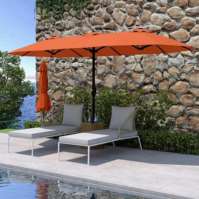 15FT Double Sided Patio Umbrella with Base Included Large Outdoor Market Umbrella with Crank Handle, UV Resistant Canopy, Sturdy Frame for Garden, Poolside, Deck, Terracotta