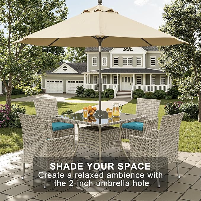 5-Piece Patio Dining Set, Patio Furniture Set with Square Tempered Glass Table & 4 Wicker Chairs, Expandable Design for Larger Groups, Outdoor Furniture for Backyard, Deck, Garden, Turquoise