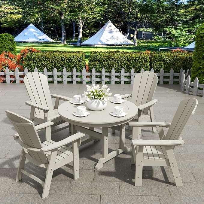 WestinTrends Malibu Patio Dining Table, All Weather Poly Lumber Adirondack 47" Trestle Round Outdoor Table with Umbrella Hole, Sand