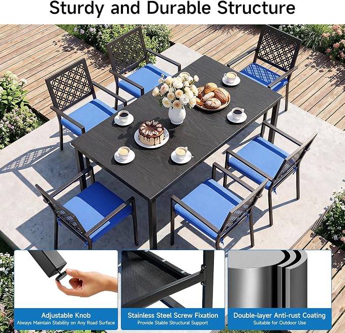 LuxaDomus 7 Piece Outdoor Dining Set, Wood Grain Outdoor Patio Table and Chairs Set, Metal Dining Set with with 6 Spacious Dining Chairs, All Weather Patio Furniture Set for Deck Garden Poolside