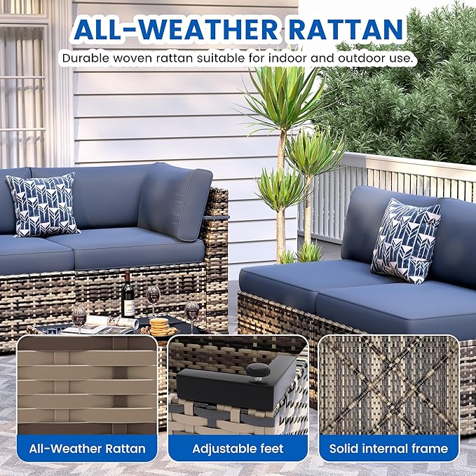 8-Piece Patio Furniture Set with 44” Fire Pit Table - All-Weather Wicker Conversation Sectional Sofa & Coffee Table with Thickened Cushions for Backyard, Garden(Navy Blue)