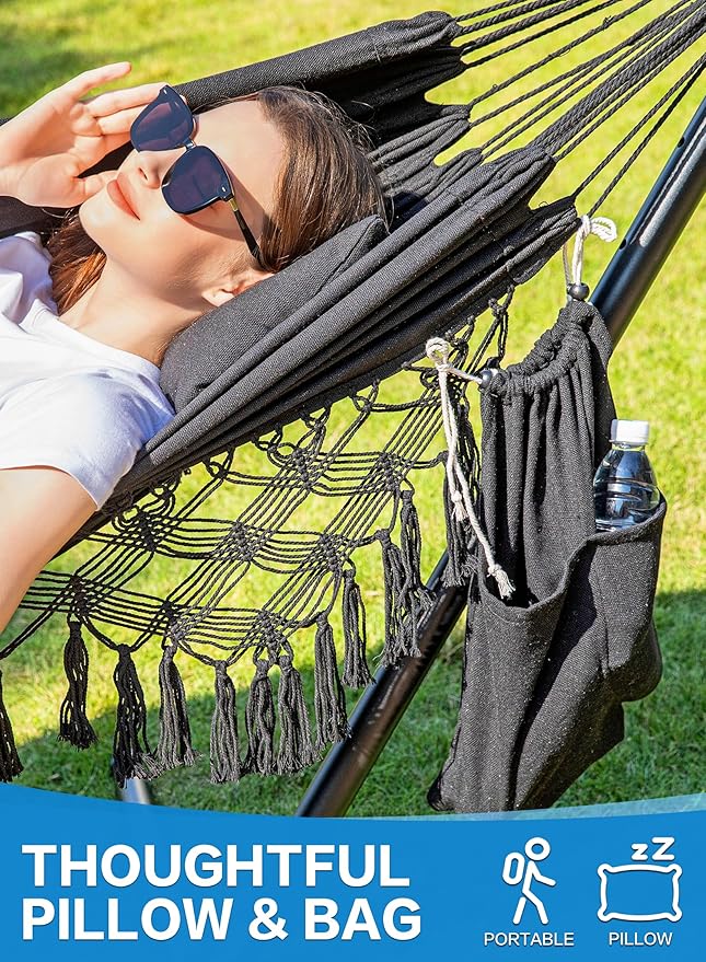 PNAEUT Handmade Tassel Hammocks, Double Hammock with Stand for Outside Indoor Outdoor, Max 450 lbs Capacity, Pillow & Storage Bag Included (Black)
