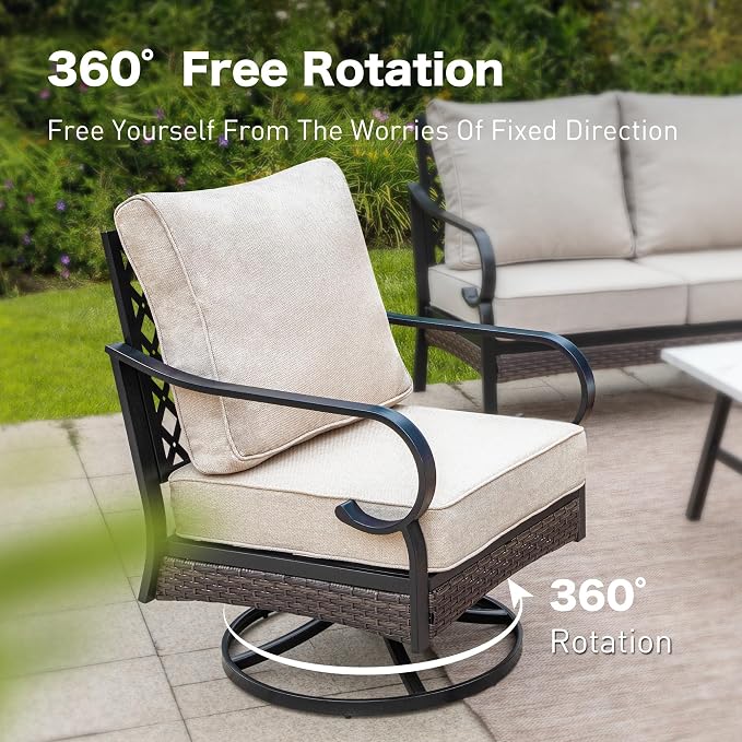 SUNSHINE VALLEY 6 Piece Metal Outdoor Patio Furniture Set, Patio Conversation Set with 3-Seater Couch, 2 Fixed Sofa, 2 Swivel Sofa (5.75" Thick Cushion) & Coffee Table Black Backyard Furniture, Beige
