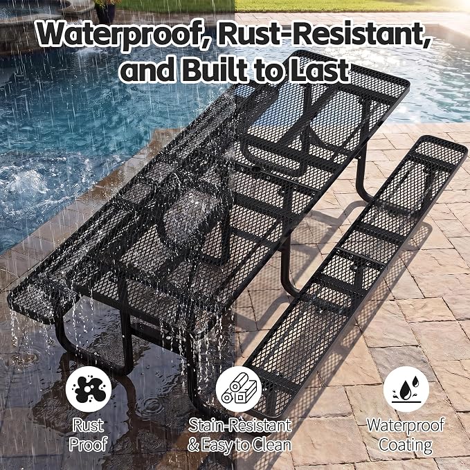 96" Rectangular Metal Picnic Table, Commercial Steel Picnic Tables with 1.96" Umbrella Hole, Heavy Duty Picnic Tables for Outdoor Garden Courtyard BBQ, Black