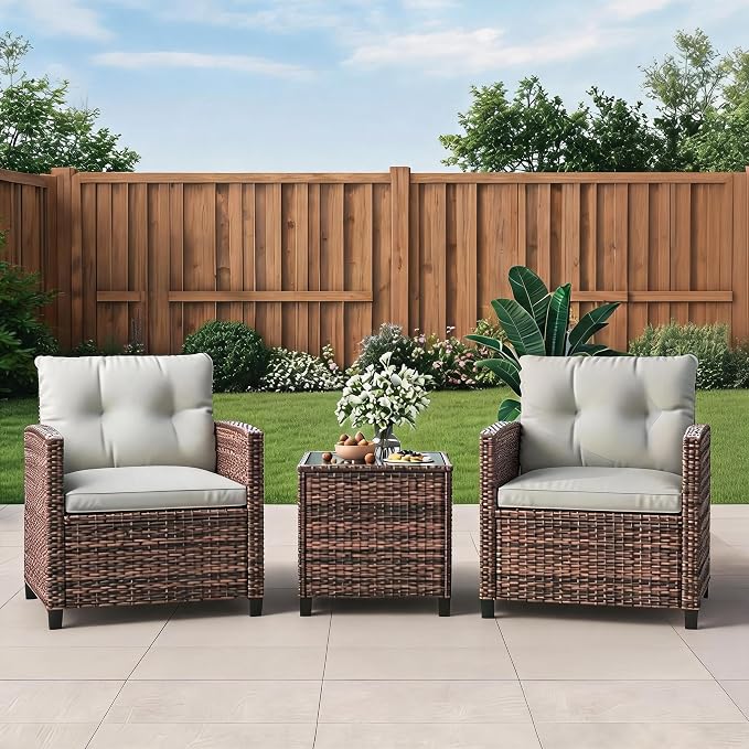 IDEALHOUSE 3 Piece Outside Patio Furniture Set, Outdoor Wicker Chair Conversation Set with Glass Coffee Table, PE Rattan Patio Furniture for Backyard, Porch, Patio, Poolside