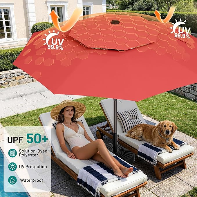 AreShark 12ft 2 Tiers Patio Umbrella - Outdoor Umbrella Waterproof UV Protection, Market Table Umbrella w/ 8 Sturdy Ribs&Crank for Pool, Porch, Garden(Red)
