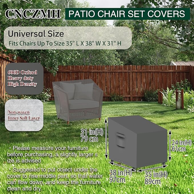 Heavy Duty Patio Chair Covers Waterproof Outdoor, 2 Pack 600D Patio Furniture Covers for Outdoor Rocking Swivel Adirondack Chairs, Lounge Deep Seat 35'' W x 38''D x 24''H/ 31''H Grey