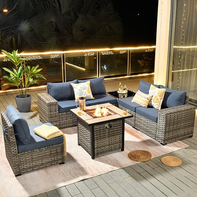 HOOOWOOO Outdoor Patio Sectional Furniture Sofa Set with Propane Gas Fire Pit Table,7 Piece Small Modern Wicker Couch with Widened Armrest,Modular Conversation Seating Set for Out Door(Denim Blue)