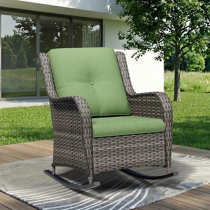 Outdoor Rocking Chair, Wicker Patio Chair with Thickened Olefin Cushions, High Back and Deep Seating, Hand-Woven PE Rattan for Porch, Deck, Balcony, Green