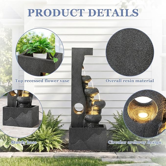 Grepatio Outdoor 6 Tier Cascading Water Fountain, Outside 39" H Water Feature Fountain with 5 LED Lights, Large Modern Waterfall Fountain with Natural Stone Look for Garden Patio Backyard, Grey