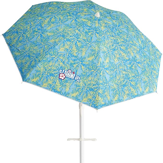 Old Bahama Bay 8ft Beach Umbrella with Screw Sand Anchor & Tilt Mechanism, UPF 50+ UV Protection, Windproof Heavy Duty Portable Sun Shelter with Carry Bag for Patio, Garden, Pool, Backyard, Palm Print