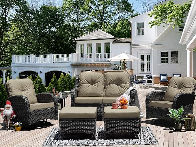 Patio Furniture Conversation Set with Ottomans, 6 Piece Wicker Patio Swivel Rocking Chairs with 360° Swivel Glider and Glass Coffee Table for Porch, Deck, Garden,Beige