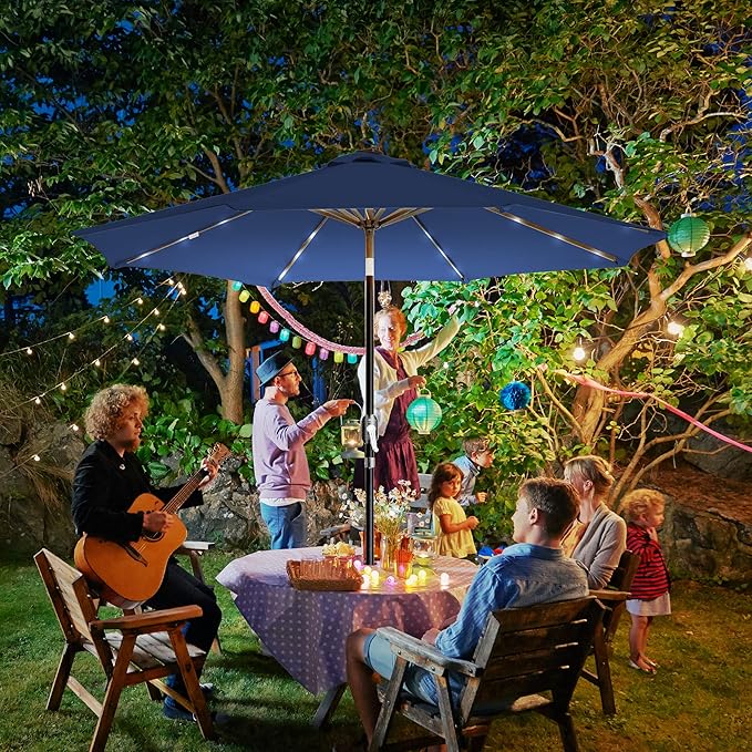 9' Round Patio Umbrella with 32 Solar Powered LED Lights, Push-Button Tilt and Hand Crank Lift, Solar Umbrella in Navy for Porch, Deck, and Patio by Sun-Ray