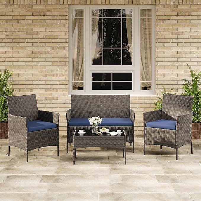 4-Piece Outdoor Furniture Set, PE Rattan Wicker Chairs with Soft Cushions & Tempered Glass Coffee Table - All-Weather Patio Set for Garden, Backyard, Porch, Poolside (Brown/Navy Blue)
