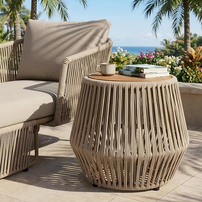 Polibi Outdoor Side Table with Handwoven Rope Base, Weather-Resistant Outdoor/Indoor Accent Table for Patio, Garden, Coastal & Bohemian Decor (Beige + Light Teak)