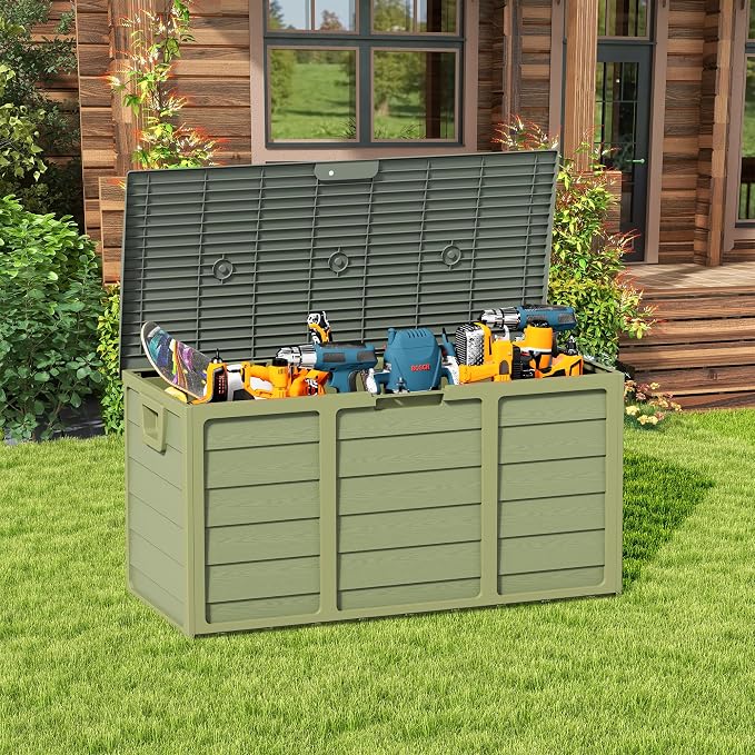 SUNCROWN 75 Gallon Deck Storage Box Resin Outdoor Storage Container with Handles for Patio Garden Yard Porch, Green