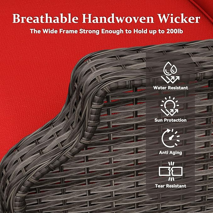 7 Pieces Patio Furniture Set, Outdoor Furniture Set with 2 Patio Swivel Rocking Chairs, 2 Patio Wicker Chair, 2 Ottoman, 1 Outdoor Wicker Sofa, Ideal for Backyard, Garden, Poolside, Red