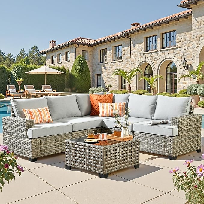 Outdoor Sectional Patio Furniture Set,6 Pieces Wicker Conversation Sets L Shaped Couch,Outdoor Sofa Outside Furniture with Solar-Powered Coffee Table(Grey)