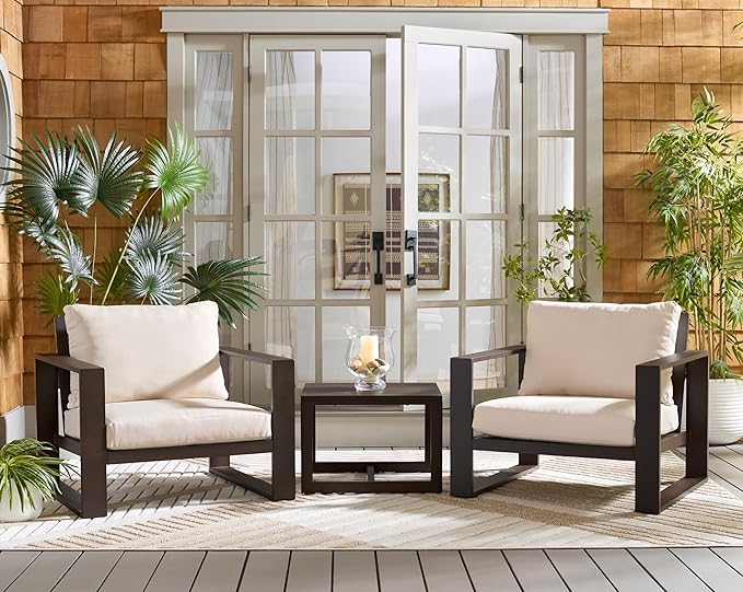 SAFAVIEH Outdoor Patio Furniture Collection – Fash Brown & Taupe Cushion 3-Piece Living Set, Modern Outdoor Chairs & Slatted Square Table (PAT7552B)