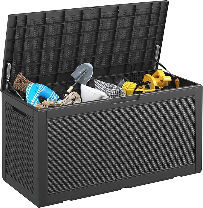 NUNU LAB 100 Gallon Large Waterproof Resin Deck Box, Lockable Outdoor Storage Box with Gas Lift, Patio Cushions, Garden Tools, Pool Supplies, Indoor Outdoor Storage Container, Black