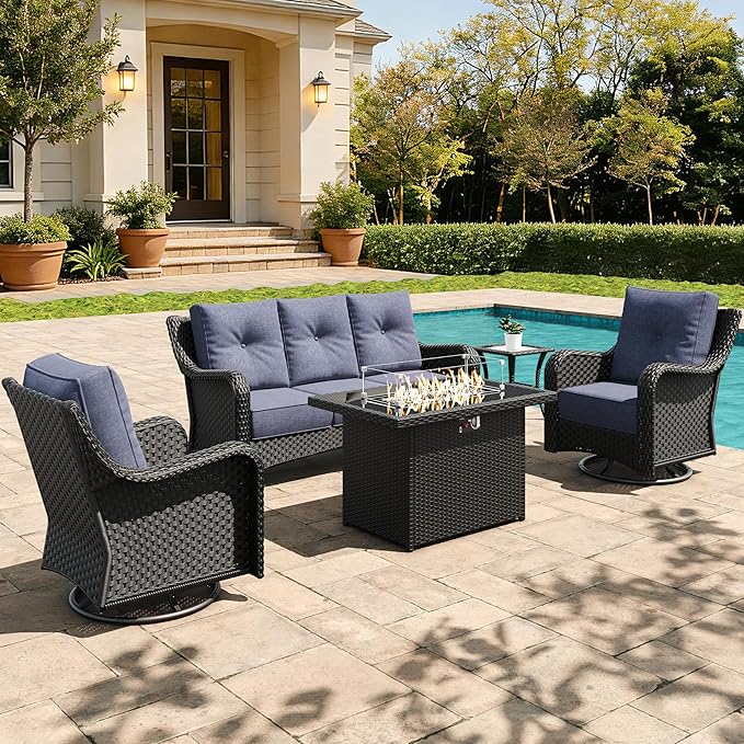 5 Pieces Outdoor Furniture Set with 6-inch Cushions, High Back Wicker Swivel Rocker Chairs with Fire Pit Table, Luxury Conversation Set for Deck Patio and Poolside