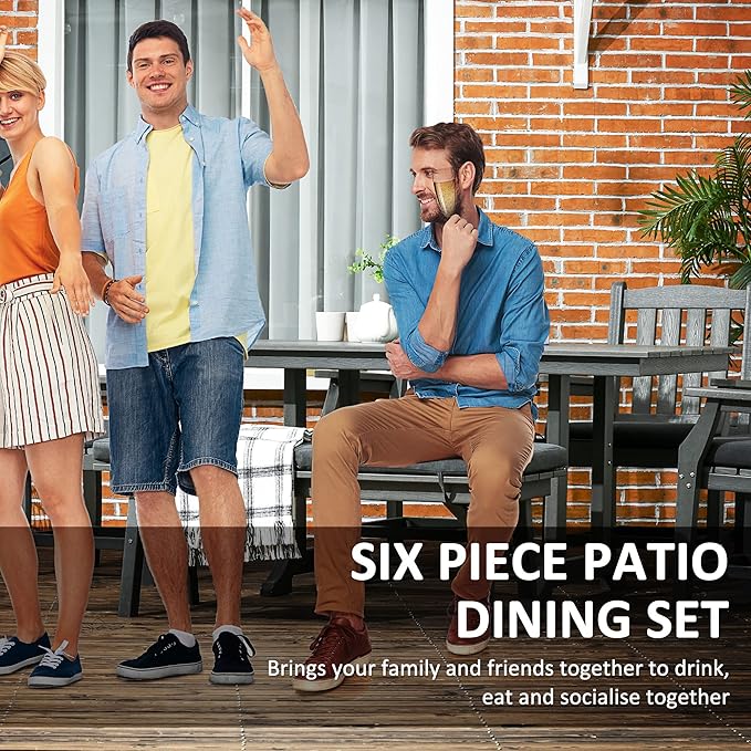 Outsunny 6 Pieces Patio Dining Set, 6 Seater Outdoor Table and Chairs, Conversation Furniture, Armrests, Loveseat Bench, Dinner Table with Umbrella Hole, Cushions, Dark Gray