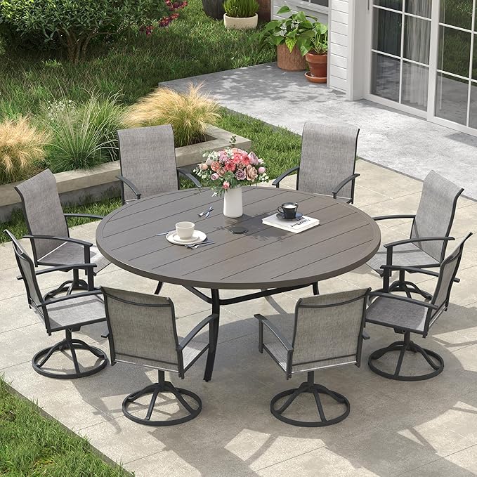 VICLLAX Outdoor Table and Chairs Set for 8, Patio Dining Set of 60" Metal Round Patio Table with Umbrella Hole & 8 Swivel Outdoor Dining Chairs for Backyard Lawn, Grey & Antique Grey