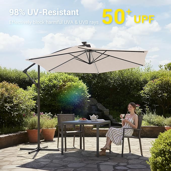 10ft Offset Patio Umbrella with Solar Light Strips,Outdoor Cantilever Hanging Umbrella with Cross Base, Fade Resistant Recycled Fabric, for Pool, Deck, Garden,Backyard,Beige