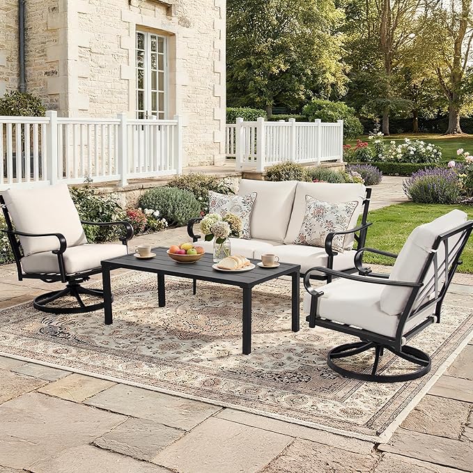 NATURAL EXPRESSIONS 4 Piece Patio Furniture Set, Vintage Metal Outdoor Conversation Set with High Back Swivel Rocking Chairs, 5.5" Thick Cushions for Balcony, Porch