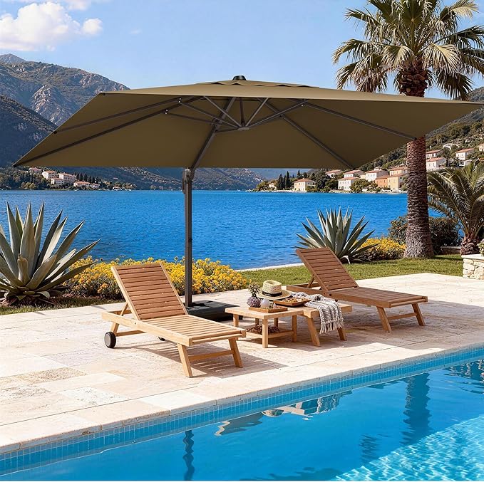 9' X 12' Cantilever Patio Umbrella Rectangle Outdoor Umbrella with Base Included, 6-Level Tilt & 360° Rotation Offset Umbrella for Garden, Deck, Pool (Brown)