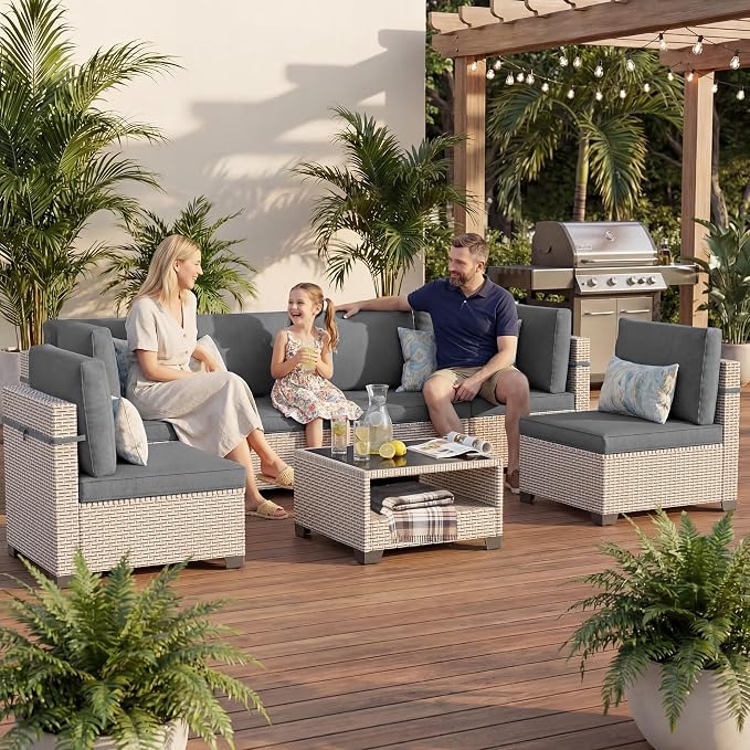 Patio Furniture Set, 7-Piece Outdoor Sectional Sofa with 2-Layer Glass Coffee Table, Wicker Patio Conversation Set with Gray Cushions for Backyard, Poolside, Porch