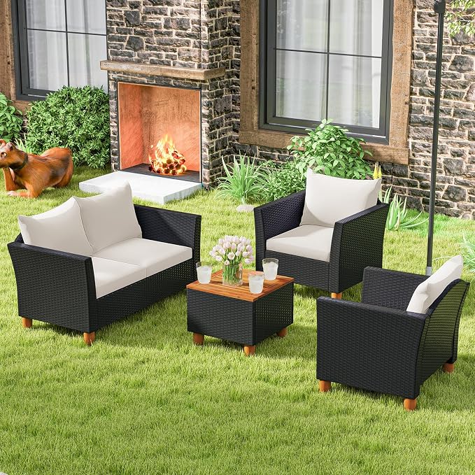 ORALNER 4 Pieces Patio Furniture Set, Outdoor Wicker Conversation Chairs, Loveseat w/Cushion, Acacia Lift-Top Coffee Table, Rattan Set for Balcony Garden Backyard Front Porch Poolside Deck (White)