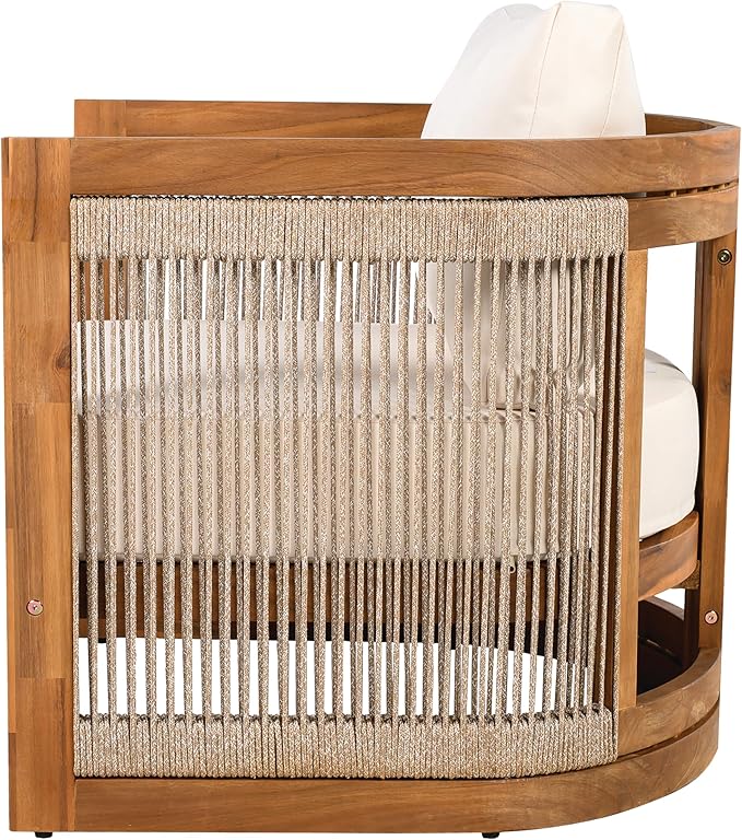 Christopher Knight Home Malphite 3 Pieces Conversation Set, Acacia Wood Chat Set, Round Coffee Table and Woven Rope Accent Chairs, Slat Design Patio Furniture Set for Backyard Garden, Beige + Teak