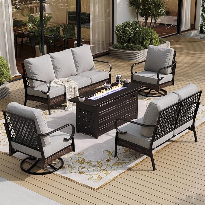 5 Piece Metal Outdoor Patio Furniture Sets with Firepit Table, Patio Conversation Sets 1 3-Seater Sofa, 1 2-Seater Loveseat, 2 Swivel Chair with 5.75" Cushion for Backyard, Light Gray