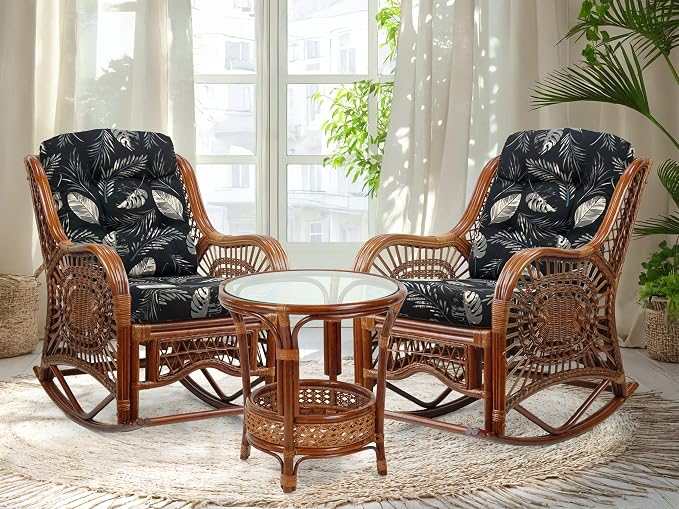 Malibu Handmade Natural Rattan Living Room Set of 2 Rocking Lounge Chairs and Round Coffee Table with Glass, Colonial Color with Black Leaf Cushions