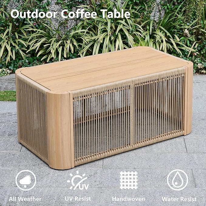 4 Piece Patio Furniture Set, Aluminum Patio Conversation Set, Rope Rattan Patio Sectional Sofa, All Weather Outdoor Sofa Couch with Coffee Table and Cushions for Lawn/Backyard/Deck, Green