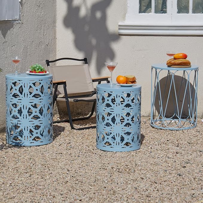 Y&M Set of 3 Metal Round Patio Side Tables, Multifunctional Coffee Table End Table for Indoor & Outdoor Garden Stool Modern Design - Blue
