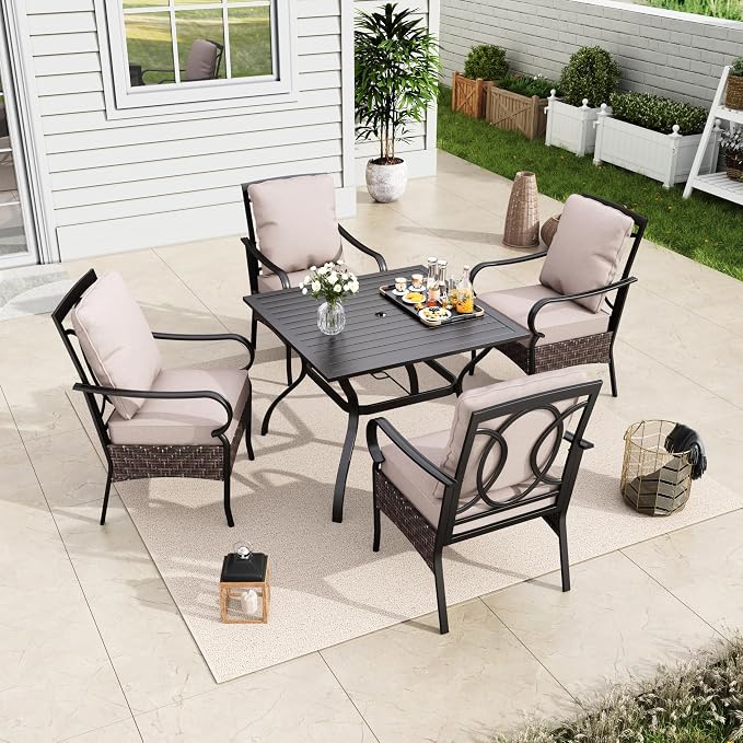 MFSTUDIO 5 Piece Patio Dining Set, Outdoor Table and Chairs for 4, Square Metal Dining Table Set with Leg Chairs, 5 Pieces Outdoor Dining Furniture Set for 4, 1.57’’ Umbrella Hole