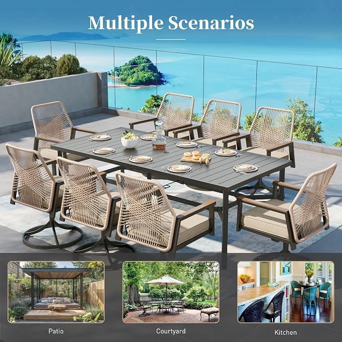 Patio Dining Set 9 Piece, 6 Woven Rattan Fixed Chairs and 2 Swivel Chairs with Waterproof Cushion, 83" Metal Rectangular Table with Umbrella Hole, Outdoor Table Set for Backyard Lawn Deck, Beige