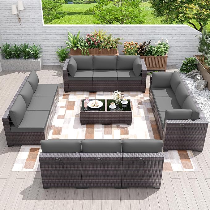 Patio Furniture Set 14-Piece Outdoor Furniture for Backyard Wicker Sectional Sofa Set, PE Rattan Patio Conversation Set 12 Seat with 4 Inch Thickened Cushions and Glass Coffee Tables, Grey
