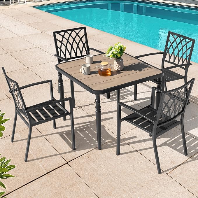 NUU GARDEN 5-Piece Outdoor Dining Set for 4, 37" Square Metal Table with Wood-Grain Top & Umbrella Hole, 4 Stackable Chairs, Weather-Resistant Furniture for Patio Deck Yard Garden, Black