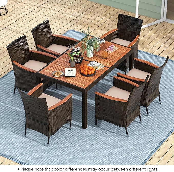 Tangkula 7 Pieces Outdoor Wicker Dining Set, Patio Dining Furniture Set with Acacia Wood Table and 6 Stackable Chairs, Outdoor Table and Chairs Set with 1.96” Umbrella Hole and Cushions