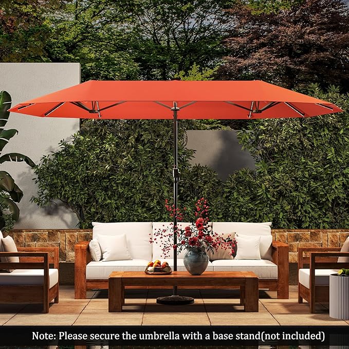 HAPPYGRILL 13 FT Double-sided Patio Umbrella with Solar Lights, Crank Handle & 12 Heavy-Duty Ribs, Outdoor Twin Size Oversized Rectangle Market Umbrella for Garden Deck Poolside