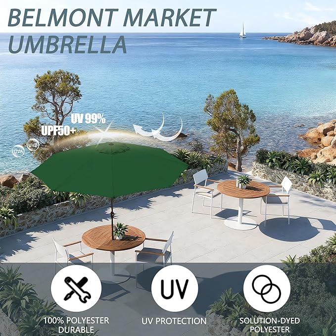 9FT Large Outdoor Patio Umbrella Pool Market Umbrella-UV Resistant, Easy Push Button Tilt and Crank, 8 Sturdy Ribs Heavy-Duty Table Umbrella for Deck, Backyard, Garden (Green)