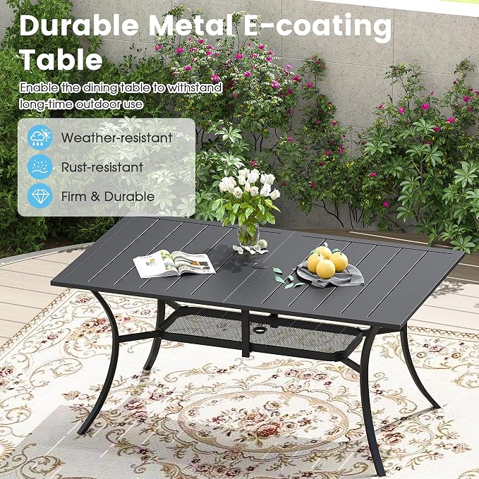 7 Pieces Outdoor Patio Dining Set, 59.2" All Weather Rectangle Metal Table with Umbrella Hole and Storage Shelf, 6 High Back Textilene Swivel Chairs for Garden, Lawn, Black Table&Brown Chairs