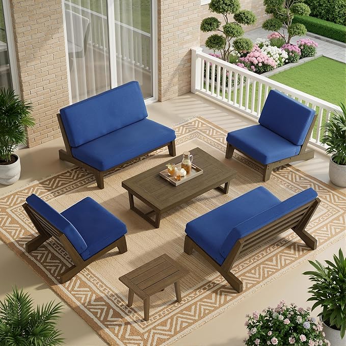 UIXE 6 Pieces Wood Patio Furniture Sets, 2 Patio Loveseat, 2 Patio Bistro Chair, All Weather Outdoor Sectional Sofa Furniture Backyard Conversation Set with Coffee Table - Navy