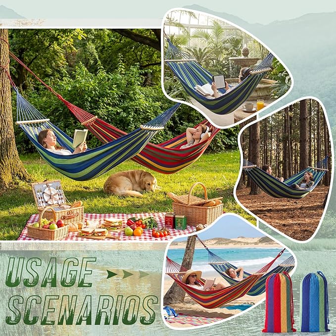 SATINIOR 2 Pack Canvas Portable Camping Hammocks for Outside, 660lb, Large 305 x 150 cm Metal Knot Hanging Hammock with 2 Carrying Bag 4 Tree Strap 4 Anti Roll Balance Beam for Patio Backyard Outdoor