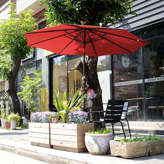 Pure Garden Villacera 9-Foot LED Outdoor Patio Umbrella with Solar Lights with Base, Red